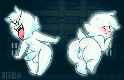 alternate_species backsack balls blush butt embarrassed genitals hair humanoid_genitalia humanoid_penis humanoidized male male_humanoid not_furry nude nude_humanoid nude_male open_mouth penis solo text tongue tongue_out bitebox64 mario_bros nintendo super_mario_world boo_(mario) ghost humanoid spirit 2019 digital_media_(artwork)
