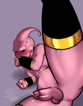 antennae_(anatomy) anus balls black_sclera blush bodily_fluids genital_fluids genitals gold_band grey_background humanoid_genitalia humanoid_penis male penis pink_body pink_skin precum simple_background solo spread_legs spreading white_eyes dpbleu dragon_ball dragon_ball_z kid_buu majin_buu alien alien_humanoid humanoid majin hi_res