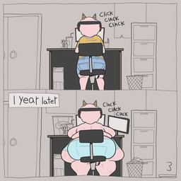 anthro beverage blue_short bodily_fluids bottomwear boxers_(clothing) clothing computer computer_monitor denim denim_bottomwear denim_clothing denim_shorts desk electronics filing_cabinet fur furniture horn livestream male overweight overweight_anthro overweight_male partially_clothed_anthro partially_clothed_male pink_body pink_fur pink_wool shirt shorts soda solo sweat table text text_box time_skip topwear trash_can underwear weight_gain wool_(fur) yellow_clothing yellow_shirt yellow_topwear living_lupis shawn_(living_lupis) bovid caprine mammal sheep 1:1 2025 comic english_text hi_res