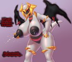 anthro areola big_breasts black_areola black_nipples bodily_fluids breasts female genitals huge_breasts lactating looking_at_viewer milk nipples nude pokemorph pussy red_eyes simple_background solo wings mykiio nintendo pokemon altered_forme_giratina generation_4_pokemon giratina legendary_pokemon pokemon_(species) hi_res