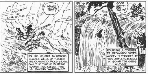 ambiguous_gender anthro bottomwear clothed clothing cowboy_hat dialogue duo feral footwear gloves handwear hat headgear headwear male motion_lines onomatopoeia open_mouth outside pants plant sound_effects text tree water waterfall floyd_gottfredson roy_nelson disney public_domain mickey_mouse equid equine horse mammal mouse murid murine rodent 1930 20th_century absurd_res ancient_art black_and_white comic dated english_text hi_res long_image monochrome wide_image