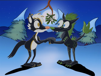 anthro black_body black_fur claws duo fangs feathers fur green_body green_claws green_feathers green_fur green_hair green_nose hair hand_holding heart_symbol light male male/male mistletoe moon moonlight mountain night nose_to_nose pink_nose plant smile smiling_at_another snow star teeth tree white_body white_fur white_hair yellow_body yellow_claws yellow_fur rockosedits iyami_(sona) tau_(sona) gulonine mammal marten mustelid musteline rexouium sable_(marten) 4:3