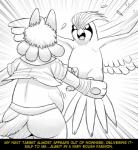 2018 abdominal_bulge anthro anthro_pred avian beak belly big_belly bird black_and_white butt comic fan_character feathers female_(lore) feral feral_prey fidchellvore generation_1_pokemon generation_4_pokemon hildegard_(fidchellvore) lucario monochrome nintendo open_beak open_mouth pidgeotto pokemon pokemon_(species) tail tail_feathers vore wings