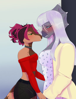 anthro big_breasts biped blue_eyes blush breasts brown_body brown_hair choker clothed clothed_anthro clothed_female clothing crop_top duo eyes_mostly_closed eyewear facial_horn female female/female fingers glasses green_eyes grey_body grey_hair hair hand_holding heart_symbol highlights_(coloring) horn humanoid_hands jacket jewelry long_hair looking_at_another medium_breasts narrowed_eyes necklace non-mammal_breasts open_clothing open_jacket open_topwear purple_hair red_clothing red_crop_top red_shirt red_topwear romantic romantic_couple round_glasses shirt side_view standing tail topwear white_clothing white_topwear scaredofbunnies devlog:_a_post-modern_college_experience abigail_(devlog) rebecca_(devlog) centrosaurine ceratopsian ceratopsid dinosaur dromaeosaurid marginocephalian microraptor ornithischian prehistoric_species reptile saurischian scalie styracosaurus theropod 2025 absurd_res colored hi_res shaded