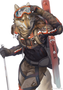 anthro backpack belt_buckle black_backpack black_clothing black_gloves black_handwear black_jacket black_nose black_topwear bottomwear brown_body brown_bottomwear brown_clothing brown_fur brown_pants buckle cheek_tuft clothed clothing elbow_pads eyewear eyewear_on_head facial_tuft fur gloves goggles goggles_on_head handwear holding_object jacket legwear long_pants looking_aside male multicolored_body multicolored_fur pants red_eyewear red_goggles reflection_in_glasses shirt simple_background ski_goggles ski_pole skiing solo straps tail topwear tuft two_tone_body two_tone_fur white_background white_body white_eyes white_fur winter_clothing zipper yoshi.kaoru canid canine canis mammal wolf digital_media_(artwork) hi_res