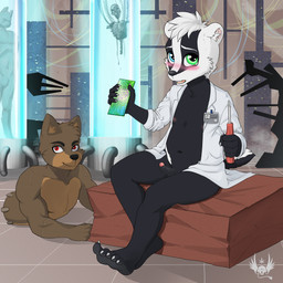 5_toes anthro bottomless box claws clothed clothing coat container countershading duo_focus feet foreskin genitals group heterochromia lab_coat laboratory machine male male/male nipples paws penis science slightly_chubby soles stasis_chamber toe_claws toes topwear young young_anthro young_male eldiman jeremy_(rokukeshiba) android badger mammal mustelid musteline robot robot_anthro 1:1 absurd_res digital_media_(artwork) hi_res