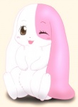 anthro biped blush brown_eyes eyelashes female fur japanese long_ears looking_at_viewer one_eye_closed pink_body pink_fur short_fur sitting solo wink unknown_artist happy_happy_clover pixiv sayuri_tatsuyama mallow_(happy_happy_clover) domestic_rabbit lagomorph leporid lop_rabbit mammal oryctolagus rabbit