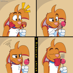 3_toes 4_fingers anthro big_tongue blep bound candy cartoon_gloves dessert duo extreme_size_difference eyebrows face_lick feet fingers food licking lollipop long_tongue macro male male/male micro red_tongue size_difference toes tongue tongue_out toony vore_implied wide_tongue doggydog doggydog_(character) roderick_(tamerkoh) toon_doggydog_(doggydog) canid canine canis domestic_dog lagomorph leporid mammal rabbit 1:1 absurd_res comic hi_res