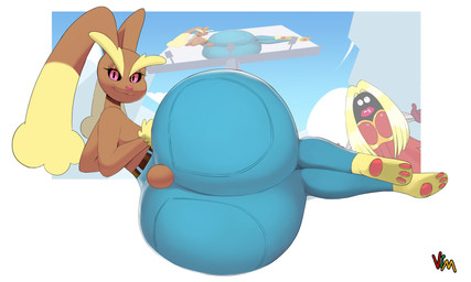 anthro big_butt billboard black_sclera blonde_hair bottomwear brown_body brown_fur bubble_butt butt clothed clothing cloud denim denim_bottomwear denim_clothing duo eyebrows female fur hair huge_butt jeans lips lying on_side outside pants pawpads pink_nose scut_tail short_tail smile smirk tail thick_lips thick_thighs tight_clothing topless wide_hips vimhomeless nintendo pokemon domestic_rabbit generation_1_pokemon generation_4_pokemon jynx lagomorph leporid lop_rabbit lopunny mammal oryctolagus pokemon_(species) rabbit 2025 absurd_res digital_media_(artwork) hi_res signature