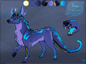 blue_body blue_fur butt countershade_butt countershade_neck countershade_torso countershading feral fur male male_feral multi_ear multi_eye open_mouth pawpads purple_body purple_fur solo standing tail teeth text tongue yellow_body meldritchhorror voyo_(limni) alien 2018 4:3 absurd_res english_text hi_res model_sheet