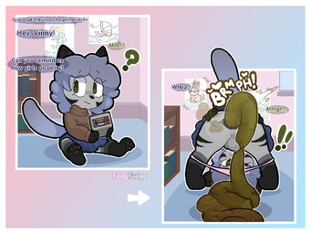 anthro anus balls biped blue_bottomwear blue_clothing blue_skirt bookshelf border bottomwear butt clothed clothing daycare dialogue excessive_feces exclamation_point eyelashes eyes_closed fart feces feces_pile fluffy fluffy_hair fur furniture genitals green_eyes grey_body grey_fur hair heart_symbol looking_at_viewer looking_through looking_through_legs male naive panties panties_down partially_clothed pawpads paws penis pink_clothing pink_panties pink_underwear question_mark raised_tail scatplay sharp_teeth simple_background skirt solo sound_effects speech_bubble spread_anus spread_butt spreading sweater tail teeth text topwear underwear underwear_down vowelless vowelless_sound_effect wet wet_clothing wet_panties wet_underwear white_border young young_anthro fairyfudge nintendo nintendo_ds_family vinny_(vinnythekitty) domestic_cat felid feline felis mammal 4:3 alternate_version_at_source artist_name digital_media_(artwork) english_text hi_res sequence nonbinary_(lore)