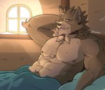 abs anthro bed bedroom blep brown_body brown_fur chest_tuft fur furniture hand_behind_head head_tuft male muscular muscular_anthro neck_tuft piercing pube_peek pubes scar solo tongue tongue_out tuft sakeek far_beyond_the_world_(series) vithyr_(far_beyond_the_world) canid canine canis mammal wolf hi_res