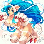 5_fingers blue_eyes blue_hair blush breasts claws female fingers fur hair long_hair open_mouth open_smile simple_background smile solo text white_body white_fur iroyopon capcom darkstalkers felicia_(darkstalkers) animal_humanoid felid felid_humanoid feline feline_humanoid humanoid mammal mammal_humanoid 2014 english_text