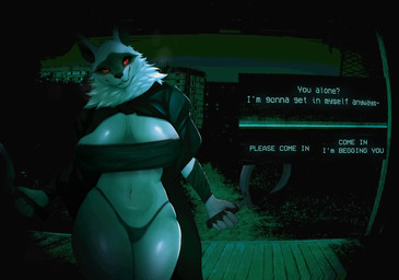 anthro big_breasts biped bra breasts camera_view cheek_tuft clothed clothing crossgender curvy_figure detailed_background dialogue dialogue_box doorbell_camera dual_wielding facial_tuft female fluffy front_view fur fuzzy glistening glistening_body holding_object holding_weapon looking_at_viewer mask mtf_crossgender neck_tuft night night_vision outside panties pantsless partially_clothed porch pupils red_eyes sickle smile solo standing text text_box thick_thighs tuft underwear voluptuous weapon white_pupils silviaxrk dreamworks no_i'm_not_a_human puss_in_boots_(franchise) death_(puss_in_boots) canid canine canis mammal wolf english_text