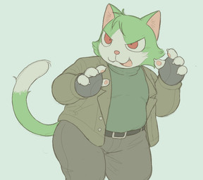 4_fingers anthro belly belt big_eyes big_moobs black_belt black_clothing black_fingerless_gloves black_gloves black_handwear bottomwear butt claws clothed clothing denim denim_bottomwear denim_clothing dipstick_tail finger_claws fingerless_gloves fingers front_view frown fully_clothed fur gloves green_body green_clothing green_fur green_sweater green_topwear grey_background grey_bottomwear grey_clothing grey_jeans grey_pants handwear happy jacket jeans kemono leaning leaning_forward looking_at_viewer male markings moobs mouth_closed muffin_top multicolored_body multicolored_fur open_:3 open_clothing open_jacket open_mouth open_smile open_topwear overweight overweight_anthro overweight_male pants paw_pose pawpads pink_nose pink_pawpads pink_tongue pockets pose pupils raised_tail red_eyes simple_background smile snaggle_tooth snout solo standing stocky sweater tail tail_markings thick_thighs three-quarter_view tongue topwear two_tone_body two_tone_fur white_body white_fur cafongterua solay_(cafongterua) domestic_cat felid feline felis mammal 2025 digital_media_(artwork) flat_colors portrait three-quarter_portrait