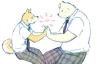 anthro bottomwear clothing duo fur hand_holding heart_symbol humanoid_hands male male/male necktie pants shirt simple_background topwear white_background white_body white_fur nico26b bear canid canine canis domestic_dog mammal polar_bear ursine 2015 3:2