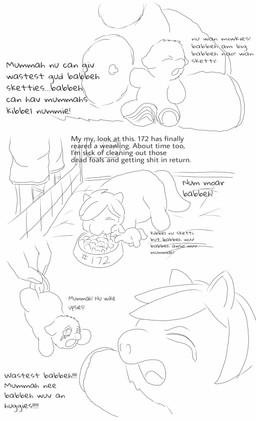 abuse ambiguous_feral ambiguous_gender ambiguous_human animal_abuse bodily_fluids bowl container crotch_breasts cruelty crying eating eyes_closed female female_feral feral good_parenting happy hooves kibble lifted lifted_by_tail mostly_offscreen_character neonate nipples open_mouth pained_expression pet_bowl pet_food profanity sitting smile tail tears text young young_ambiguous young_feral carpdime fluffy_pony fluffy_pony_(species) human mammal english_text hi_res monochrome