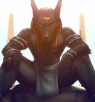 anthro biped black_body black_fur bottomwear clothed clothing dreadlocks egyptian egyptian_clothing egyptian_headdress fur headdress headgear headwear loincloth looking_at_viewer male nemes_(clothing) shendyt sitting solo spread_legs spreading topless zenthetiger egyptian_mythology middle_eastern_mythology mythology anubis anubian_jackal canid canine canis deity jackal mammal