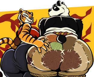 anthro ass_to_ass big_butt bottom_heavy breasts bubble_butt butt butt_focus butt_grab clothing female gluteal_fold hand_on_another's_butt hand_on_butt huge_butt looking_at_butt looking_at_self looking_back male stripes tail thick_thighs wide_hips doeswhatever dreamworks kung_fu_panda master_po_ping master_tigress bear felid giant_panda mammal pantherine tiger absurd_res hi_res