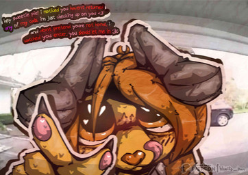 antennae_(anatomy) anthro blush camera camera_view clothed clothing dialogue door doorbell doorbell_camera female fish_eye_view fisheye_lens fur glistening glowing hair looking_at_viewer pleading_eyes ring shirt smile solo speech_bubble text tongue topwear yellow_body khalfy_kun rebekah_(khalfy_kun) arthropod bee hybrid hymenopteran insect absurd_res english_text hi_res meme