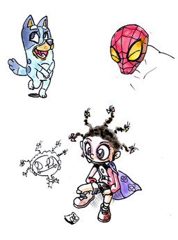 anthro blue_body blue_fur clothed clothing female fur group male trio young young_anthro young_female toongrowner bluey_(series) marvel mona_the_vampire spider-man_(series) bluey_heeler spider-man_(character) australian_cattle_dog canid canine canis cattledog domestic_dog herding_dog human mammal pastoral_dog absurd_res hi_res painting_(artwork) watercolor_(artwork)
