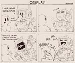 4_panel_comic 5_fingers ambiguous_gender asking asking_another bar_emanata cable corrugated_neck corrugation cosplay covering covering_face dialogue duo ears_back ears_up electrical_plug electrical_plug_tail emanata exclamation_point eyebrows eyelashes eyes_closed female fingers for_a_head front_view haha happy humor impersonation interjection laugh leaning leaning_forward machine metal name_in_dialogue night onomatopoeia open_mouth pivoted_ears quotation_marks rear_view robotic_joints screen screen_face simple_eyes solo sound_effects star tail teeth text three-quarter_view turning_around vent waveform wavy_mouth wheeze auveiss nickelodeon spongebob_squarepants wheeze_comic aveline_(auveiss) karen_plankton blank_humanoid human humanoid mammal object_head robot screen_head tailed_humanoid 2025 bust_portrait comic digital_media_(artwork) english_text engrish line_art portrait unfinished
