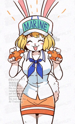 anthro blonde_hair blush carrot clothing female fluffy fluffy_tail food fur hair happy hat headgear headwear marines plant shirt solo tail topwear vegetable white_body white_fur betas_77 one_piece carrot_(one_piece) lagomorph leporid mammal rabbit hi_res