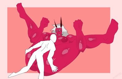 areola big_breasts black_eyes black_horn border breasts duo eyelashes female grey_hair hair horn huge_breasts larger_female lying male male/female nipples on_back penetration pink_border red_areola red_background red_body red_nipples sex simple_background size_difference smaller_male thick_thighs vaginal vaginal_penetration wide_hips yuupitel asian_mythology east_asian_mythology japanese_mythology mythology demon horned_humanoid human humanoid mammal oni yokai