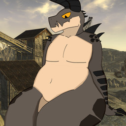 anthro belly brown_body industrial_architecture male outside overweight overweight_male quarry sitting solo spikes spikes_(anatomy) yellow_eyes raganlier fallout microsoft deathclaw scalie 1:1 hi_res