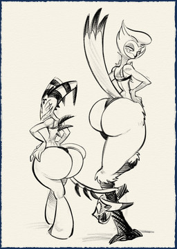 anthro big_butt bottom_heavy bra butt clothing duo hand_on_butt macro_butt male panties size_difference tail tail_around_leg take_your_pick thick_thighs underwear wide_hips nondelismell hellaverse helluva_boss blitzo_(helluva_boss) stolas_(helluva_boss) humanoid hi_res