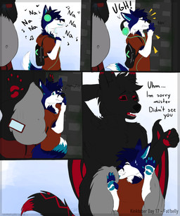 5_fingers anthro backpack belly belly_fluff belly_squish black_backpack black_body black_fur black_sclera blue_eyes blue_fingers blue_pawpads blue_tongue bodily_fluids chest_tuft clothing dialogue duo electronics eyes_closed face_squish fingers fluffy fur grey_belly hand_behind_head headphones male male/male musical_note musical_symbol navel open_mouth orange_clothing orange_shirt orange_topwear overweight overweight_male pawpads red_eyes red_pawpads shirt shirtless singing size_difference squish sweat sweatdrop symbol text tongue tongue_out topwear tuft wall_(structure) wings samuelwolfo chikorainfox zeromusfur canid canine canis domestic_dog fox mammal wolf absurd_res comic english_text hi_res