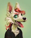 anthro canid canine canis chest_tuft clothed clothing domestic_dog fangs green_eyes hair kidkhat mammal open_mouth portrait pupils red_hair red_pupils simple_background solo teeth tongue tongue_out tuft