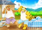 anthro bottomwear brown_body brown_fur calendar calendar_graphic clothing detailed_background duo fur hat headgear headwear humanoid_hands male outside shirt shorts slightly_chubby straw_hat topwear water inuryu bear felid mammal pantherine tiger 2019