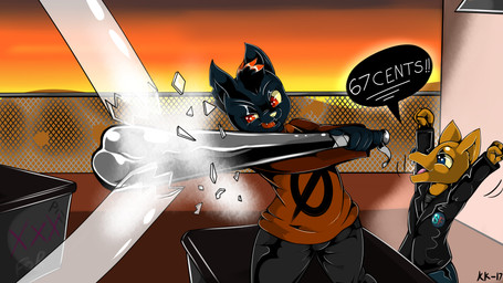 anthro baseball_bat bat_(object) black_body black_bottomwear black_clothing black_ears black_fur black_nose black_pants black_shirt black_topwear blue_eyes bottomwear breaking brown_body brown_ears brown_fur chain-link_fence clothed clothing cute_fangs dumpster duo fangs female fence fluorescent_light fully_clothed fur graffiti highlights_(coloring) holding_object improvised_weapon male open_mouth orange_clothing orange_shirt orange_sky orange_topwear outside pants pink_tongue raised_arm red_eyes red_highlights red_tongue shirt sky snout speech_bubble standing teeth text tongue topwear vandalism weapon year yellow_nose yellow_sclera kitt_kitan_(artist) night_in_the_woods gregg_lee mae_borowski canid canine domestic_cat felid feline felis fox mammal 16:9 2017 absurd_res english_text hi_res widescreen