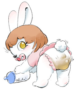 anthro baby_bottle barefoot black_nose blush brown_hair butt butt_focus clothing diaper dress eyelashes feces feet female frilly frilly_diaper fur hair leaning leaning_forward looking_at_viewer looking_back looking_back_at_viewer object_in_mouth pacifier pacifier_in_mouth pink_clothing pink_dress pink_pacifier rabbit_ears rear_view scut_tail short_tail simple_background soiled_diaper solo stink_fumes tail toddler unclean_diaper used_diaper white_background white_body white_fur white_tail yellow_eyes young young_anthro young_female jubb lagomorph leporid mammal rabbit 2025 low_res