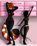 anthro bra breasts claws clothed clothing dialogue duo female fur hair locker locker_room navel panties rear_view red_eyes red_hair small_breasts standing striped_body striped_fur stripes text toe_claws topless underwear rearhwhitetail firefox_(character) ailurid mammal mustelid otter red_panda absurd_res english_text hi_res