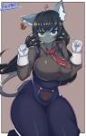 anthro big_breasts black_hair blue_eyes breasts clothed clothing ear_piercing ear_ring female fur gloves green_eyes grey_body grey_fur hair handwear heterochromia inner_ear_fluff kemono long_hair looking_at_viewer necktie overalls paws piercing print ring_piercing solo thick_thighs tuft white_body white_fur arumo felid feline mammal 2019 absurd_res hi_res portrait three-quarter_portrait