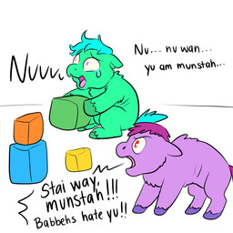 ambiguous_feral ambiguous_gender angry blue_hair blue_tail bodily_fluids constricted_pupils crying duo emaciated emaciated_ambiguous emaciated_feral feral fur green_body green_fur green_hooves hair holding_object holding_toy hooves neonate offscreen_character open_mouth pupils purple_body purple_eyes purple_fur purple_hair purple_hooves purple_tail racism red_eyes scared simple_background sitting small_pupils standing tail tears text toy toy_block white_background young young_ambiguous young_feral squeegull fluffy_pony fluffy_pony_(species) mammal 1:1 2025 absurd_res comic digital_media_(artwork) english_text flat_colors hi_res