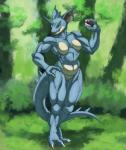 anthro anthrofied breasts brown_eyes claws curvy_figure detailed_background featureless_crotch female forest hand_on_hip holding_object holding_pokeball horn muscular muscular_anthro muscular_female nude outdoor_nudity outside plant pokeball pokemorph solo standard_pokeball tree voluptuous wide_hips valentinapaz nintendo pokemon generation_1_pokemon nidoqueen pokemon_(species)