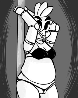 anthro bra clothed clothing female genitals looking_at_viewer machine panties pole pussy_floss skimpy slightly_chubby solo stripper_pole tongue tongue_out underwear vulva inkyfrog five_nights_at_freddy's scottgames chica_(fnaf) classic_chica_(fnaf) animatronic avian bird chicken galliform phasianid robot 2016 4:5 black_and_white monochrome