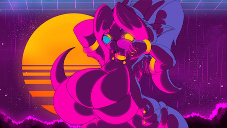 5_fingers anthro big_breasts breasts cleavage clothed clothing eyewear female fingers horn huge_breasts looking_at_viewer non-mammal_breasts solo synthwave conditional_dnp suirano mythology suri_(suirano) dragon mythological_creature mythological_scalie scalie 2019 digital_media_(artwork)