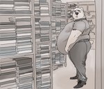 5_fingers anthro archive belly belly_overhang big_belly book bookshelf fingers fur furniture library looking_back male moobs nervous obese obese_anthro obese_male overweight overweight_anthro overweight_male solo white_body white_fur hypnicjerk bear mammal polar_bear ursine hi_res monochrome