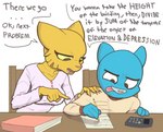 age_difference anthro blue_body blue_fur book calculator dialogue duo female fur holding_object holding_pencil male math older_female pencil_(object) studying text writing_utensil yellow_body yellow_fur young younger_male conditional_dnp vaktus cartoon_network microsoft prequel_adventure the_amazing_world_of_gumball the_elder_scrolls gumball_watterson katia_managan domestic_cat felid feline felis khajiit mammal english_text hi_res