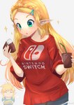 beverage blonde_hair breasts clothing duo female food green_eyes hair humanoid_pointy_ears light_body light_skin male not_furry open_mouth pointy_ears simple_background solo_focus takuyarawr breath_of_the_wild nintendo the_legend_of_zelda link princess_zelda humanoid hylian 2023 signature