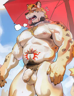 5_fingers abs anthro areola armpit_hair balls bar_emanata barazoku beach_umbrella beard belly belly_tattoo biped blonde_chest_hair blonde_hair blue_sky bodily_fluids body_hair breath brown_armpit_hair brown_beard brown_facial_hair brown_finger_claws brown_pubes brown_spots chest_hair chest_tuft chin_scar claws cloud dipstick_ears ear_markings ear_piercing ear_ring emanata eye_scar facial_hair facial_scar finger_claws fingers flaccid flame_tattoo foreskin fur genitals glans green_eyes hair happy_trail humanoid_genitalia humanoid_penis jewelry male male_anthro markings multicolored_body multicolored_ears multicolored_fur musclegut muscular muscular_anthro muscular_male navel navel_tattoo nipples open_mouth orange_body orange_fur outside panting parasol pecs penis piercing pink_areola pink_nipples pubes red_umbrella ring_piercing scar silver_(metal) silver_ear_piercing silver_ear_ring silver_jewelry sky solo spots spotted_body spotted_fur standing sun_tattoo sunny sweat sweatdrop sweaty_arms sweaty_belly sweaty_body sweaty_chest sweaty_face sweaty_legs sweaty_thighs tattoo teeth tongue tongue_out tuft umbrella unretracted_foreskin vein veiny_muscles white_body white_emanata white_fur seatohao rom_g felid jaguar mammal pantherine 2025 digital_drawing_(artwork) digital_media_(artwork) hi_res portrait three-quarter_portrait
