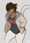 anthro athletic athletic_anthro athletic_male black_nose bottomwear brown_body brown_fur brown_hair clothing fur grey_eyes hair hair_over_eye jacket looking_at_viewer male one_eye_obstructed pants shirt simple_background smile solo standing topwear rokiloki roki domestic_cat felid feline felis mammal sketch