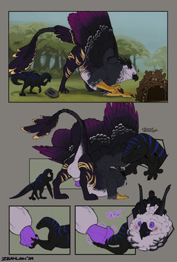 animal_genitalia anus balls beak black_body black_feathers blush cock_vore duo erection feathers feral flared_penis forest genitals grey_body grey_feathers head_first head_in_urethra larger_pred male nude nude_male outside penile penis plant purple_eyes purple_penis raised_tail sheath size_difference tail text tree vore zeanlain mythology avian dinosaur dragon dromaeosaurid gryphon hybrid mythological_avian mythological_creature mythological_scalie prehistoric_species reptile saurischian scalie theropod 2024 colored comic dated hi_res signature