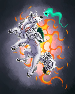 armor duo female feral fire floating fluffy headgear helmet jumping male paws shield tyrthedirewolf capcom clover_studio okami_(capcom) amaterasu_(okami) issun_(okami) canid canine canis deity mammal spirit wolf 4:5 absurd_res hi_res