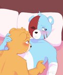 anthro bandage blue_body blue_eyes blush duo hug lying pillow scar abbytabbys unicorn_wars azulin_(unicorn_wars) cabo_pompon_(unicorn_wars) bear mammal 2023 hi_res