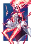 breasts clothing cosmic_background electric_body electricity electricity_manipulation elemental_manipulation female gloves handwear jacket plasma plasma_hair red_body red_eyes solo space space_background topwear enmoenmo konami yu-gi-oh! spright_elf humanoid spright hi_res